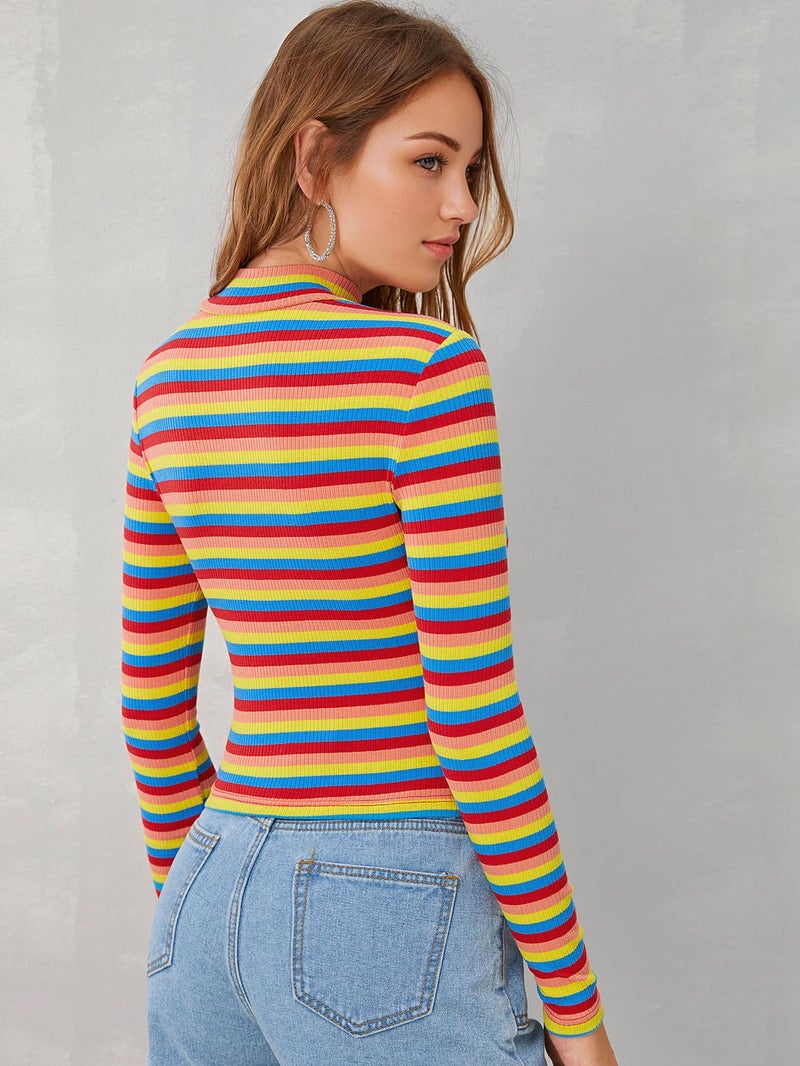 Floerns Women's High Neck Long Sleeve Slim Fit Stretch Striped T-Shirts Multi-1, S - Image 2